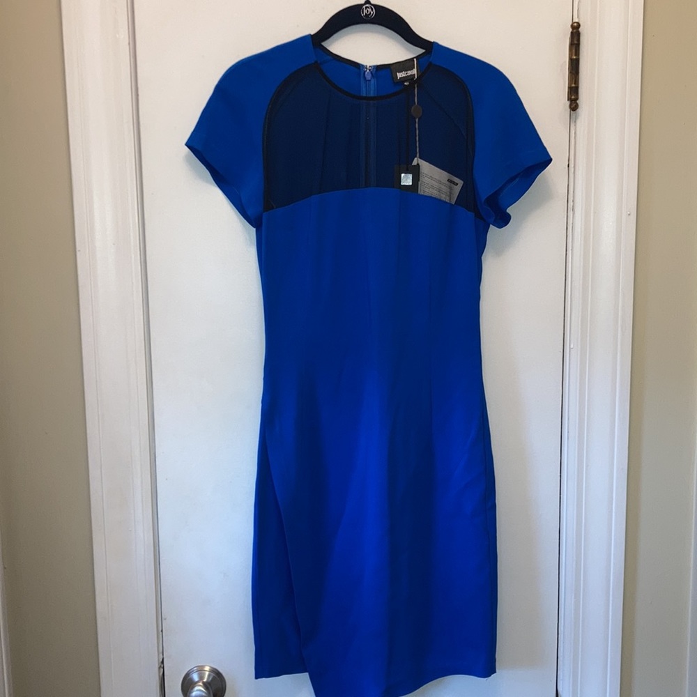 Just Cavali Cobalt w/Black Mesh Sheath Dress Size 40 NWT